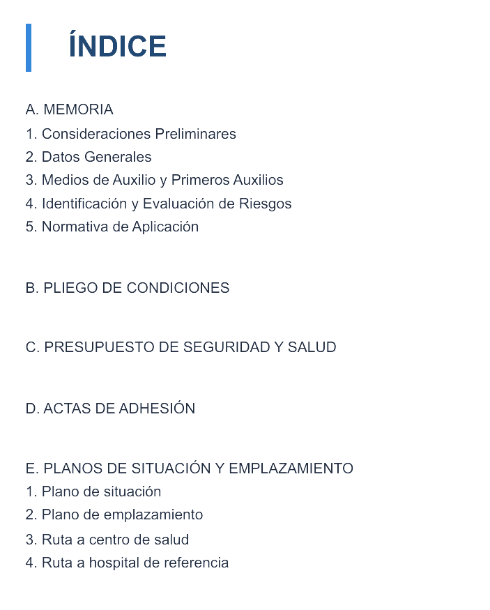 Índice real de un Plan de Seguridad y Salud generado en Seguridad y Salud Plan: memoria, pliego, presupuesto, actas de adhesión y planos